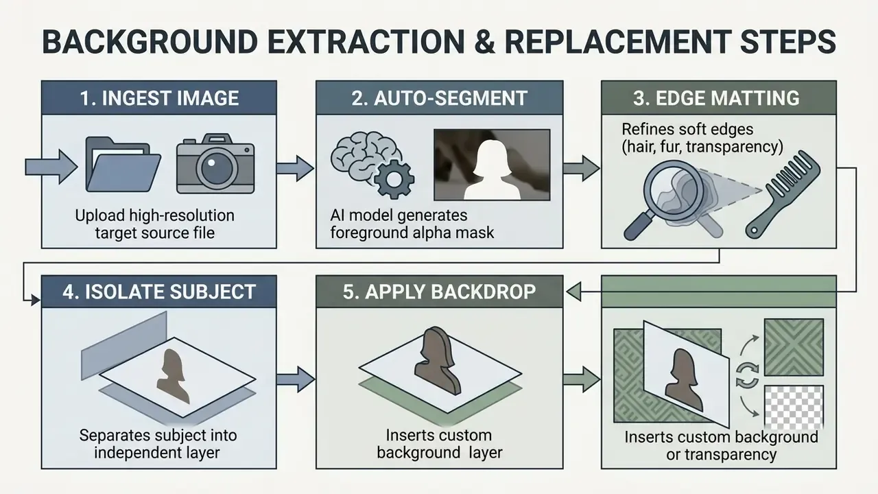 Step-by-step sequence detailing how a free online photo editor extracts subjects and replaces backgrounds