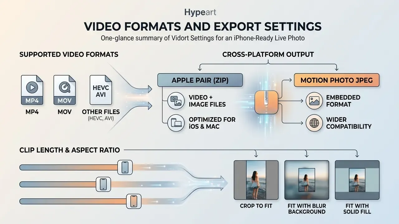 Flowchart detailing video formats, cross-platform export methods, and aspect ratio adjustment options
