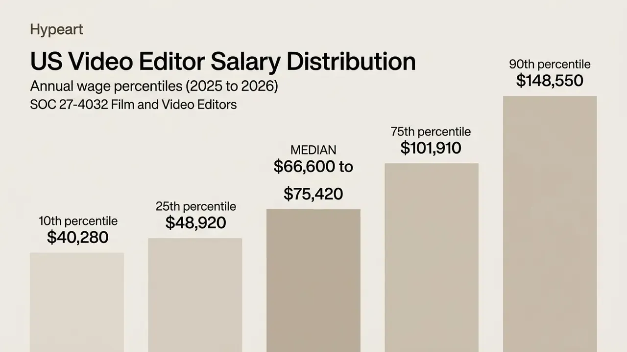 Bar chart showing annual wage percentiles for US video editors from the 10th to the 90th percentile