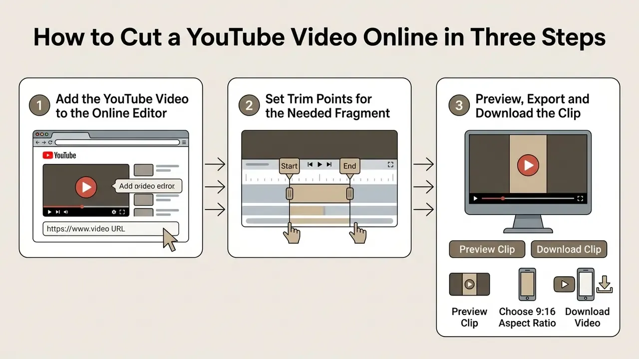 Three sequential boxes showing the process of importing, trimming, and exporting video content
