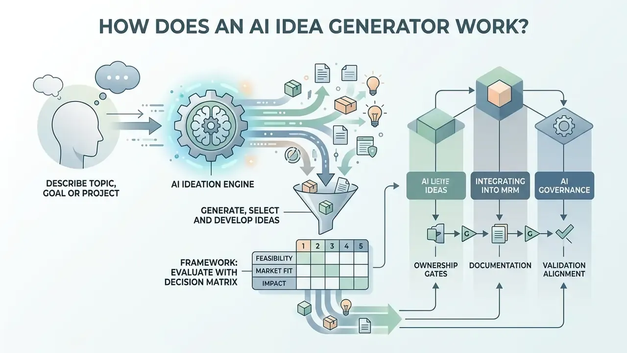 Flowchart showing a human input feeding an engine that filters concepts through a matrix to final stages