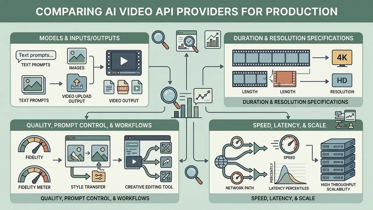 Flowchart detailing criteria for AI Video API providers including models, resolution, and latency metrics