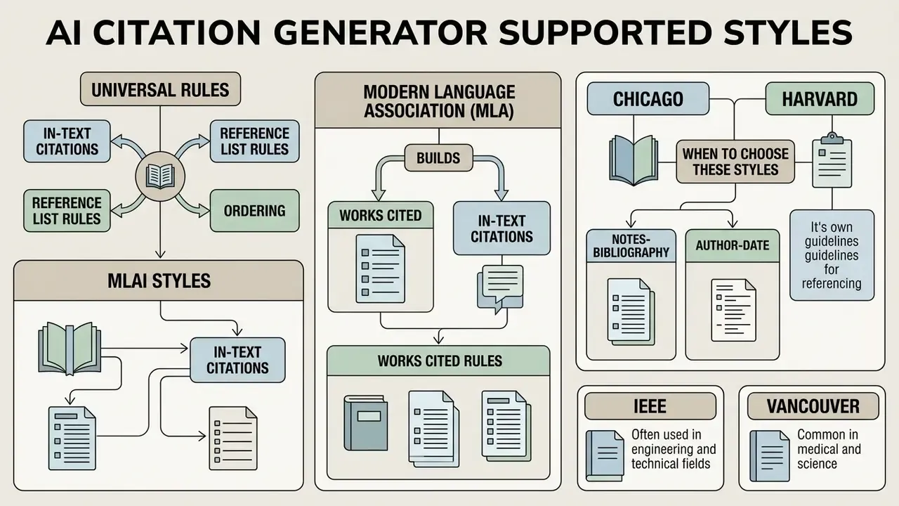 Diagram detailing how an AI citation generator organizes MLA, Chicago, Harvard, IEEE, and Vancouver styles