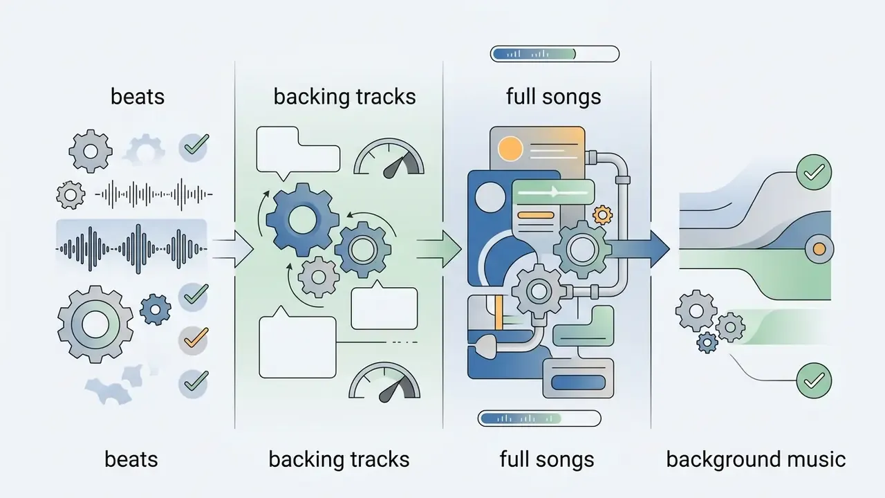 Diagram showing four music production categories with icons for beats, backing tracks, songs, and background music