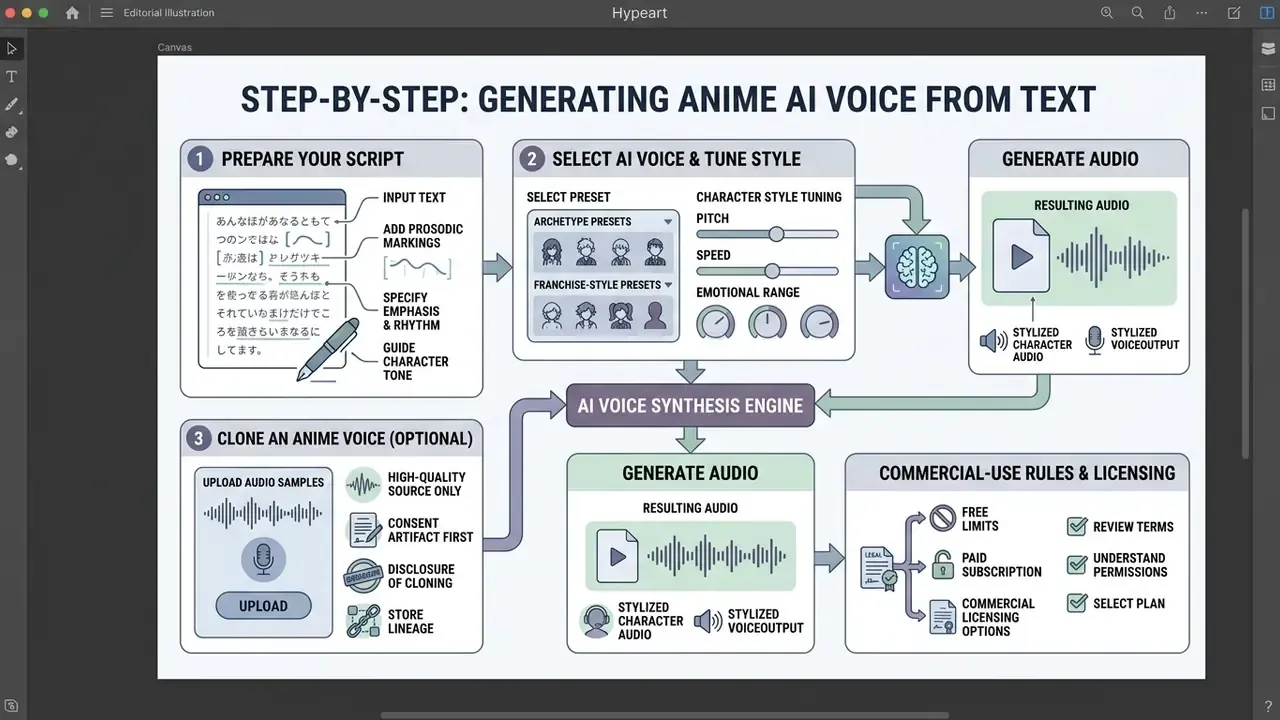 Diagram showing the workflow for an anime AI voice generator including script preparation and audio synthesis