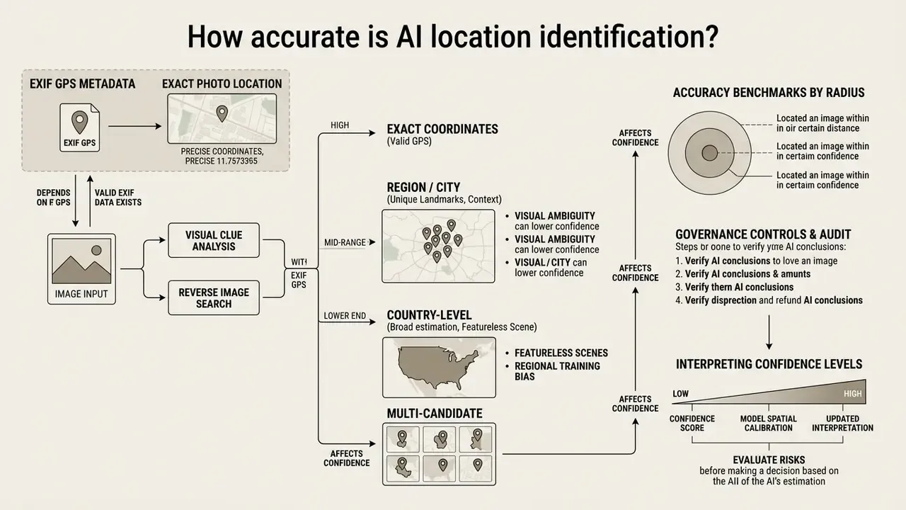 Diagram showing how metadata and visual analysis determine location accuracy levels and confidence scores