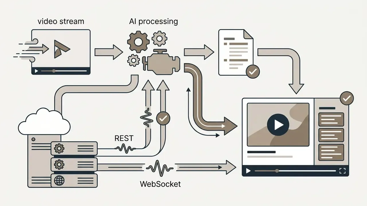 REST and WebSocket connections feeding video streams into an AI processor to generate styled subtitle tracks