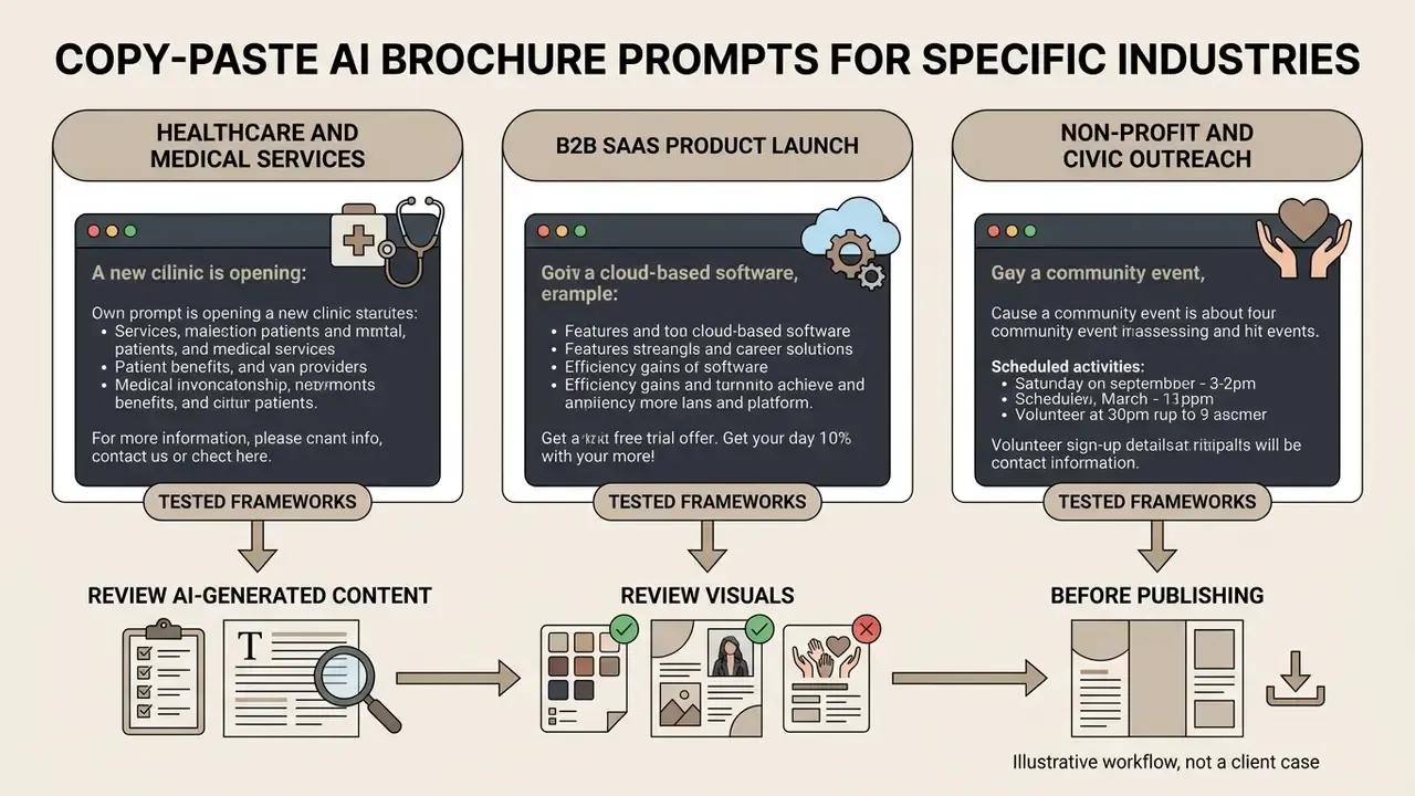 Three industry prompt examples followed by a review process for content and visuals before final export