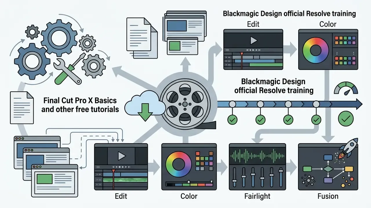 Central film reel icon connecting software editing modules for color, audio, and visual effects training