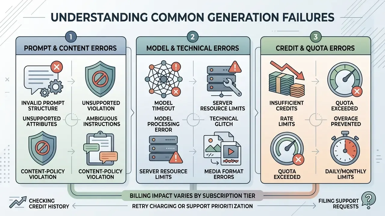 Infographic categorizing generation failures into prompt, model, and credit errors with billing context