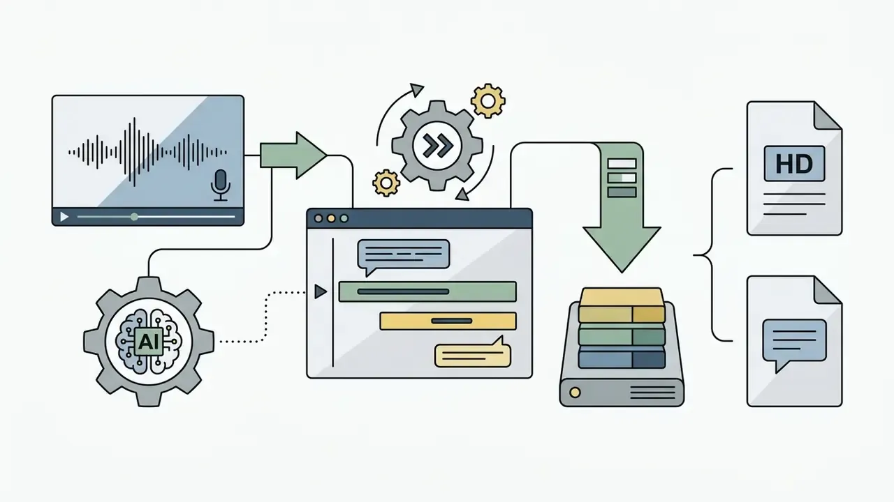 Media file processed by AI gears into a timeline and exported as HD video and caption files