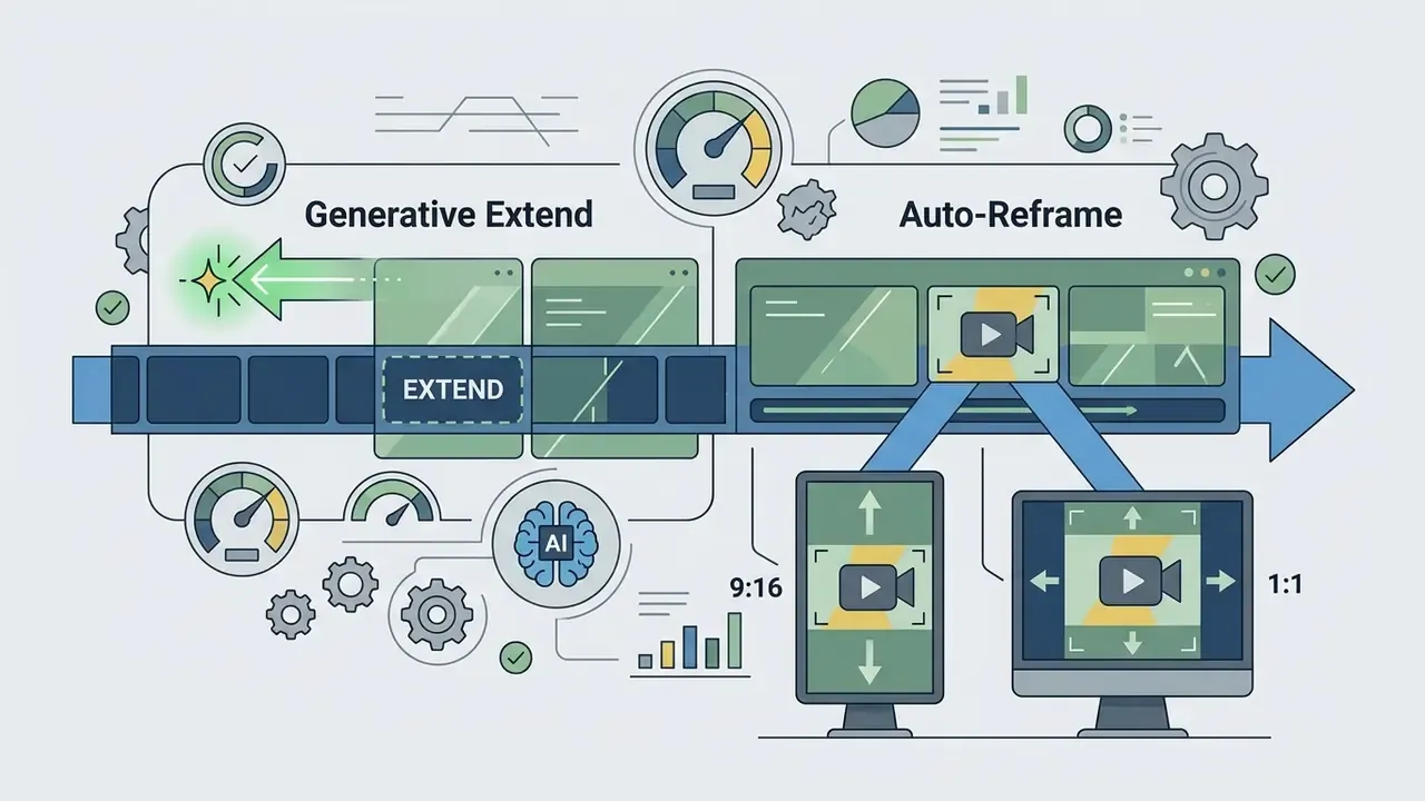 Visual representation of generative video extension and automated aspect ratio reframing for social media