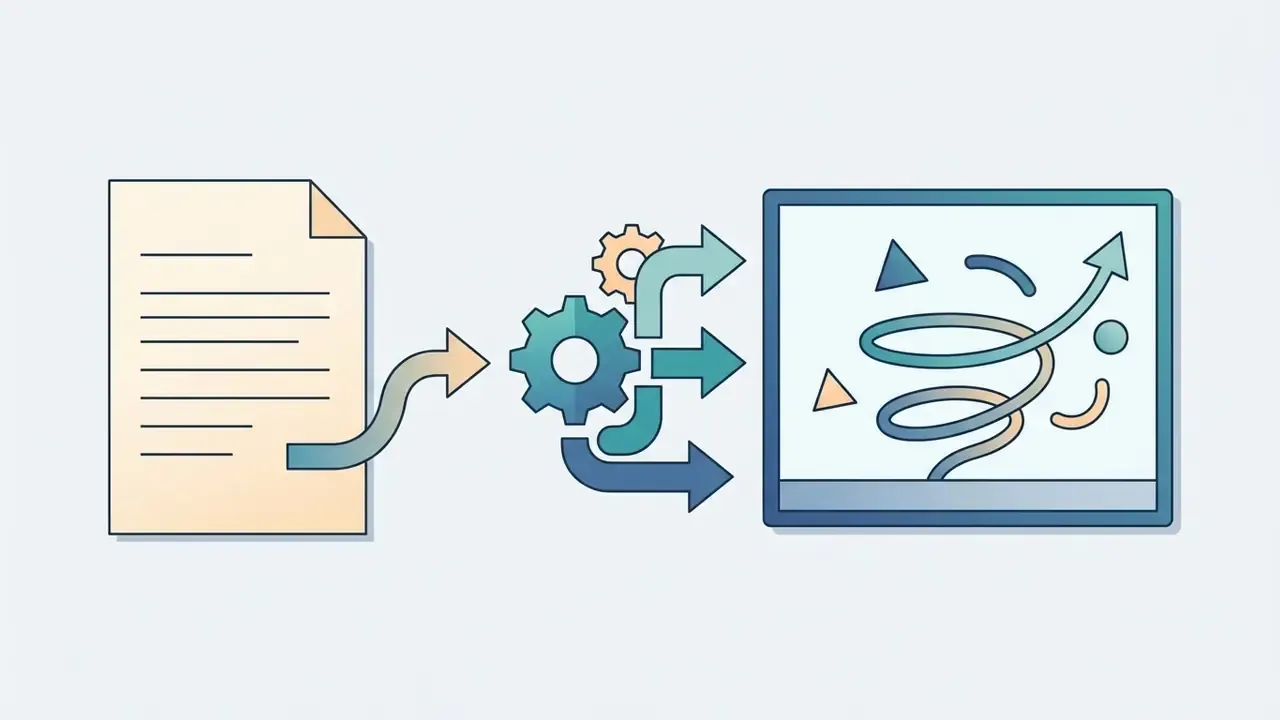 Document text flowing through gear icons to become a screen displaying abstract shapes and a spiral arrow