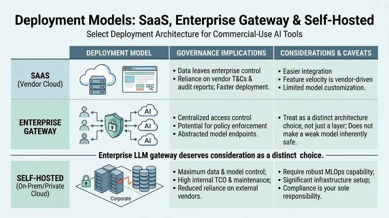Comparison table outlining governance and operational considerations for SaaS, enterprise gateway, and self-hosted AI