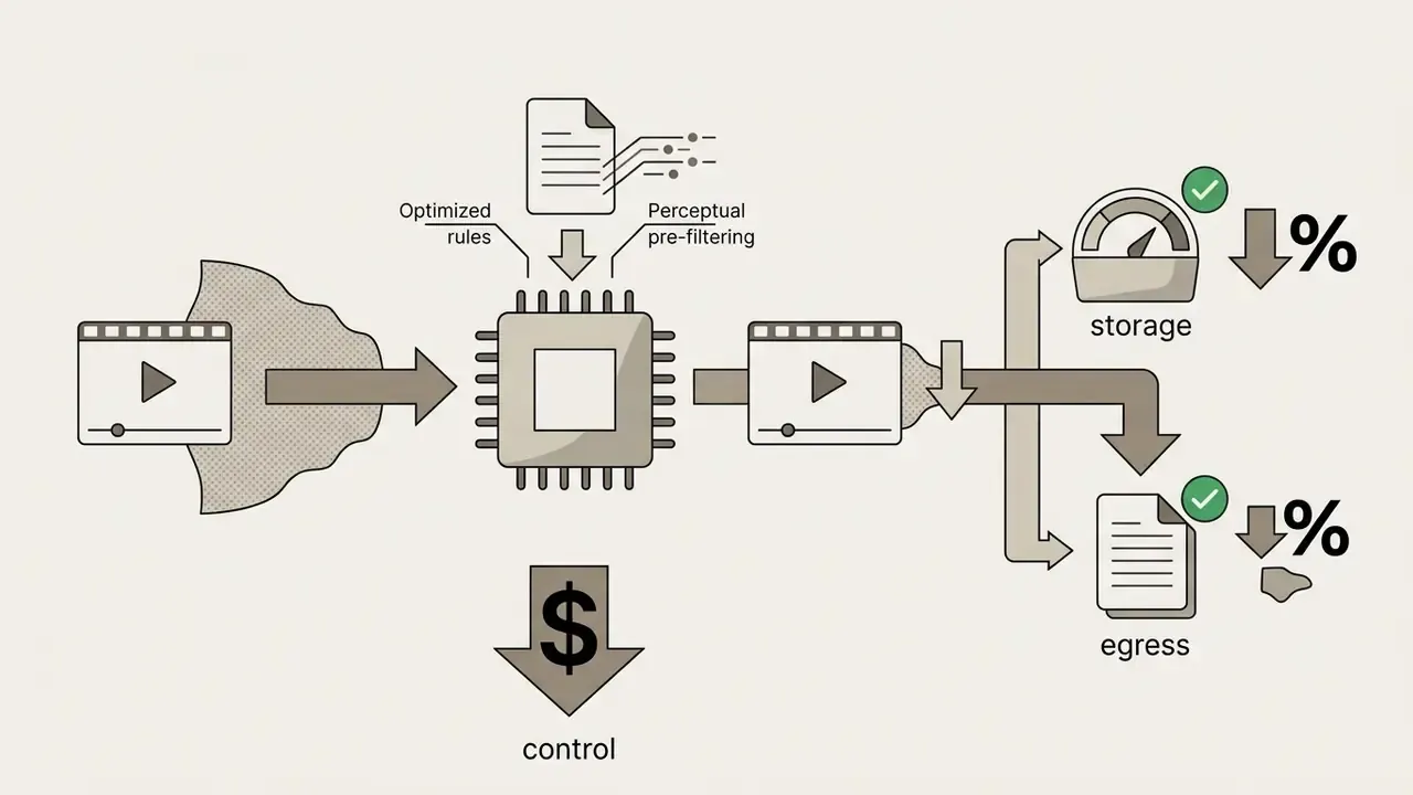 Video file processing through a central chip to reduce storage and egress costs for AI Video API pricing