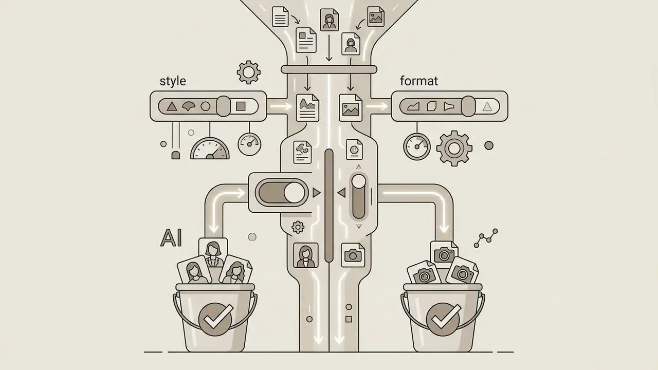 Toggle switches sorting digital files into separate buckets for synthetic and camera-captured assets