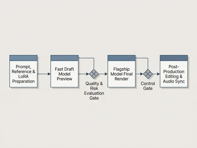 Flowchart illustrating the AI video production pipeline from initial prompt preparation to final post-production
