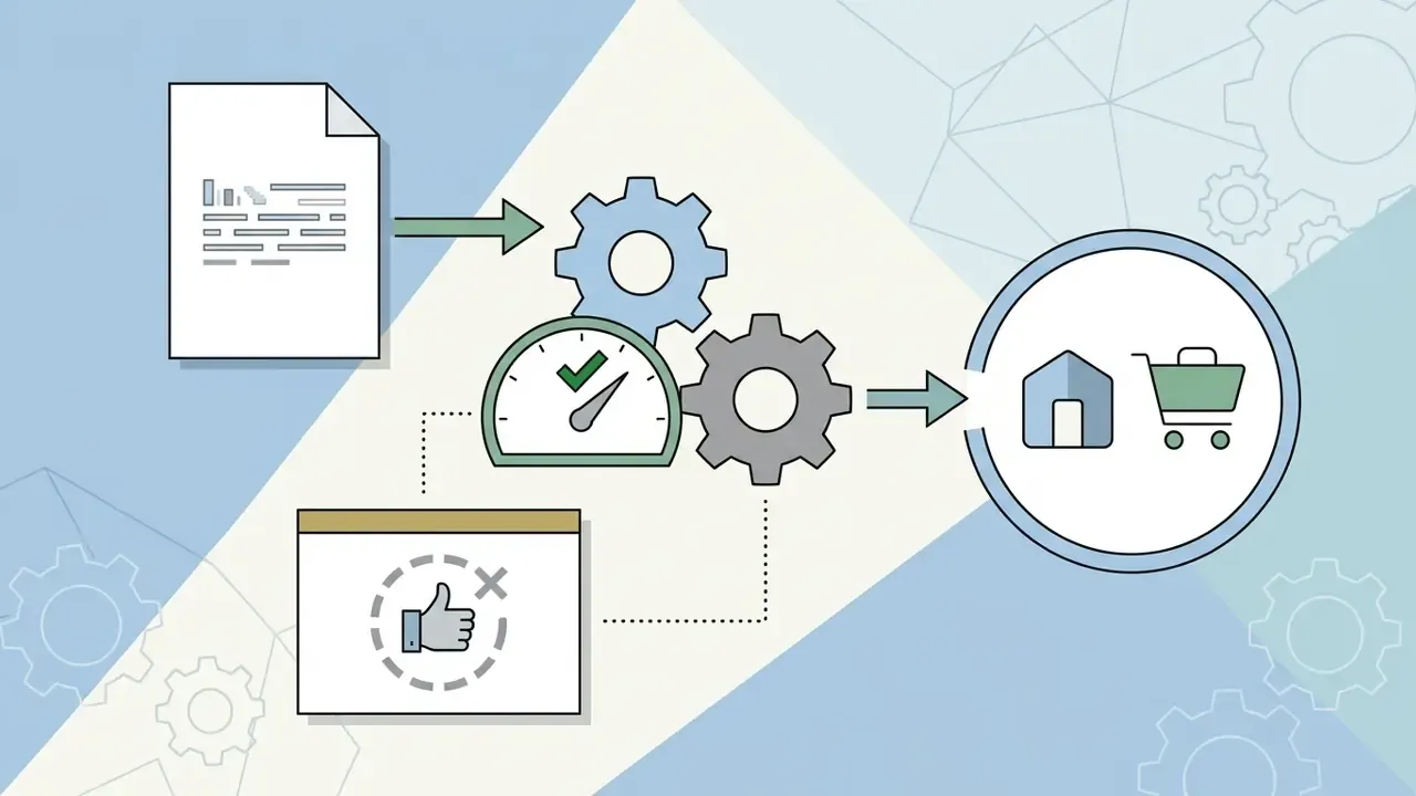 Paper document and approval icon feeding into a mechanism that outputs house and shopping cart symbols
