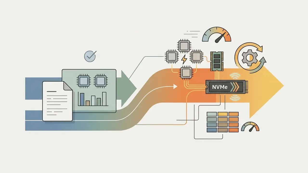 Document and processor icons flowing into a high-speed NVMe storage and multi-core CPU computing stream