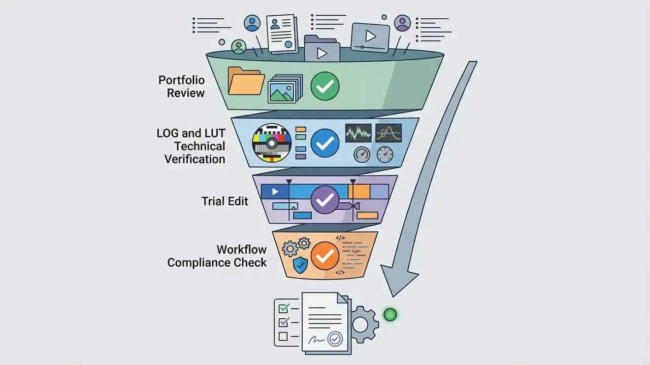 Four-stage funnel showing the screening process for remote video editor jobs from review to compliance