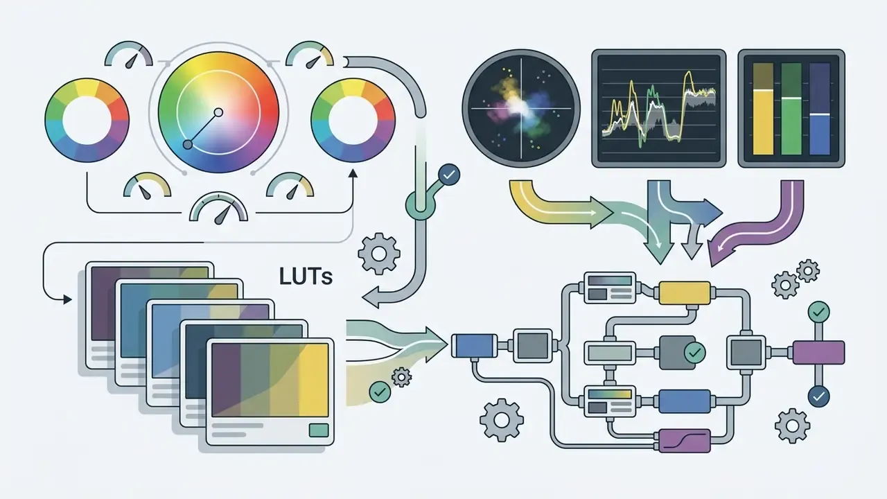 Color wheels, LUTs, and scopes feeding into a node-based grading workflow with gears and arrows