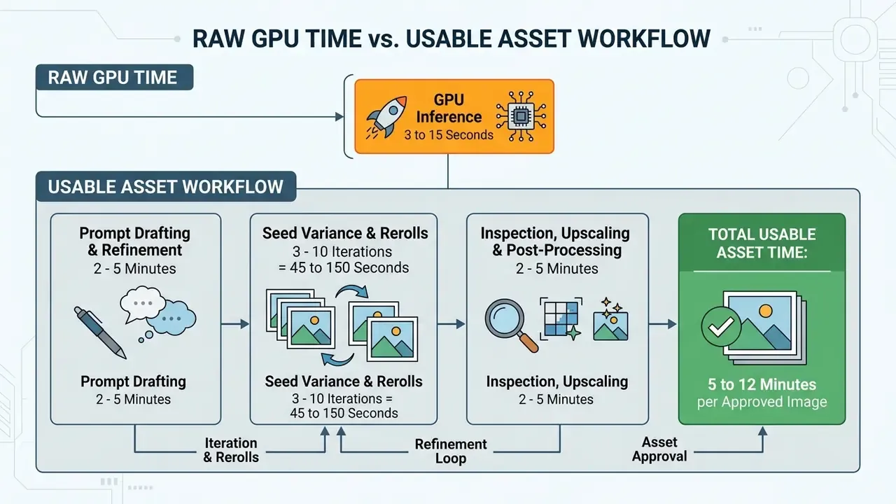 Flowchart comparing raw GPU inference speed with the total time required for a complete AI image workflow