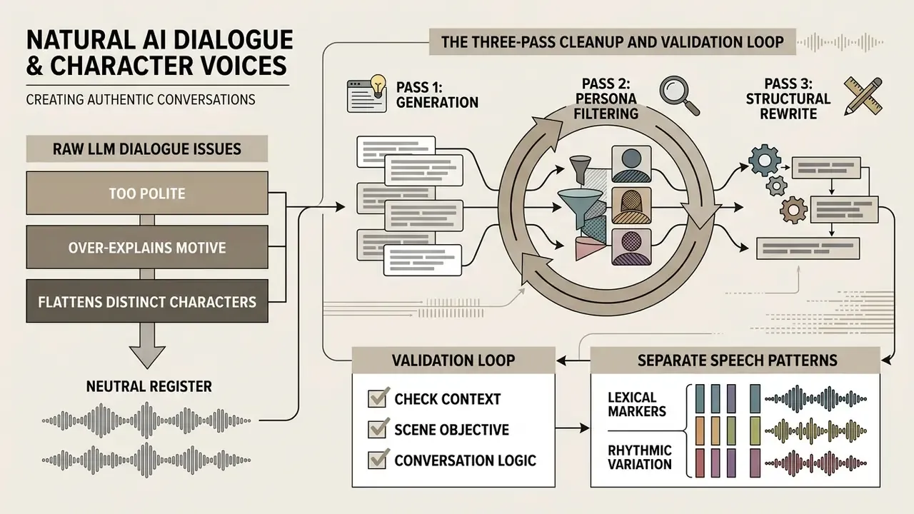 Infographic detailing a three-pass cleanup process to fix common LLM dialogue issues and refine character voices