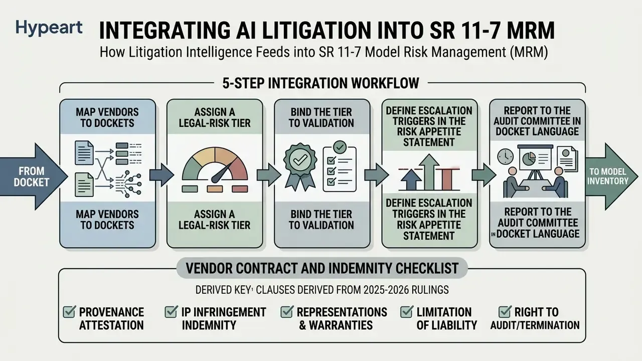 Five-step workflow diagram showing how legal docket intelligence integrates into model risk management