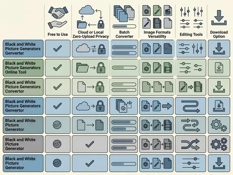 Comparison table of features for various tools used to make an image black and white