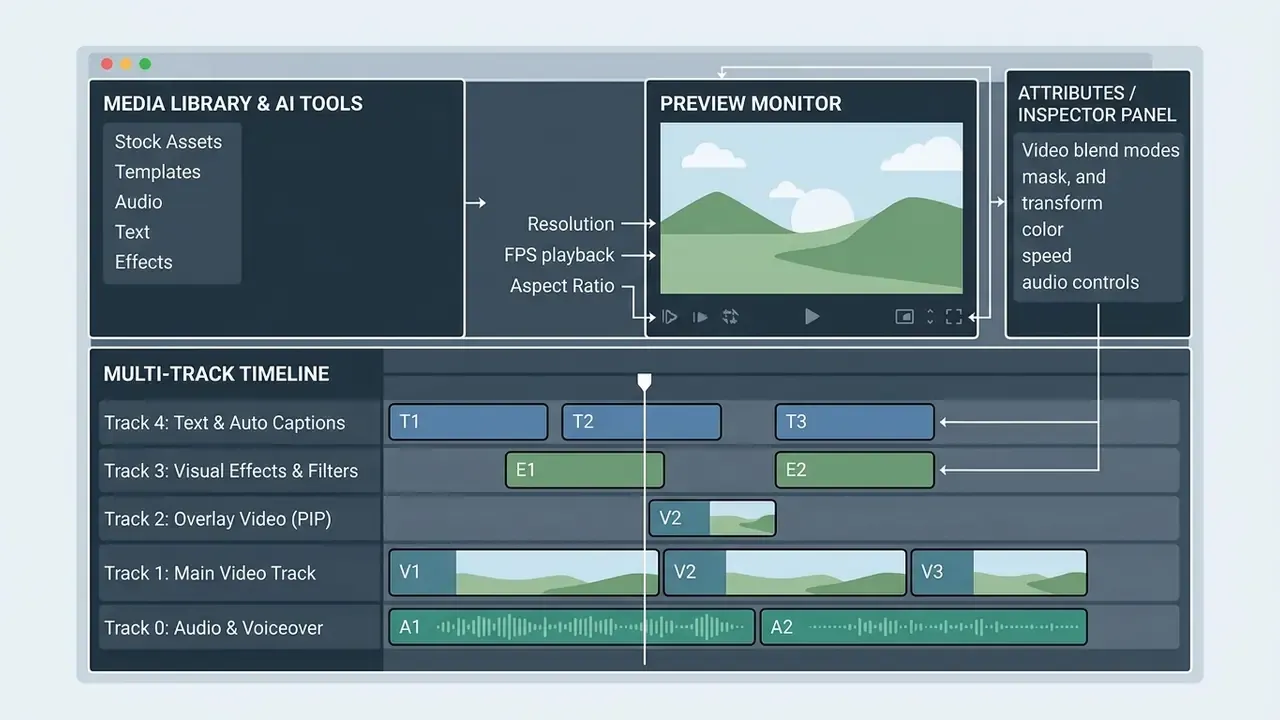 Layout diagram of the CapCut desktop interface showing the media library, preview monitor, and timeline