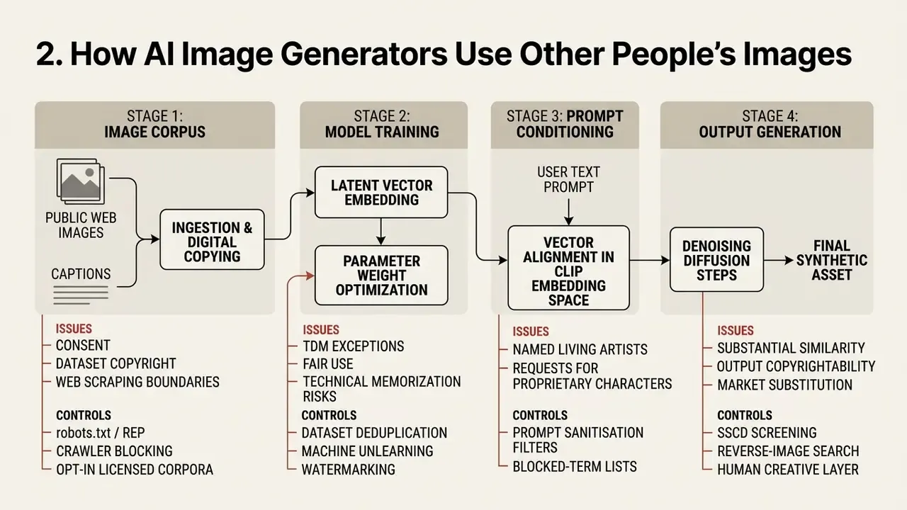 Diagram showing the four-stage generative AI pipeline from data ingestion to final synthetic output