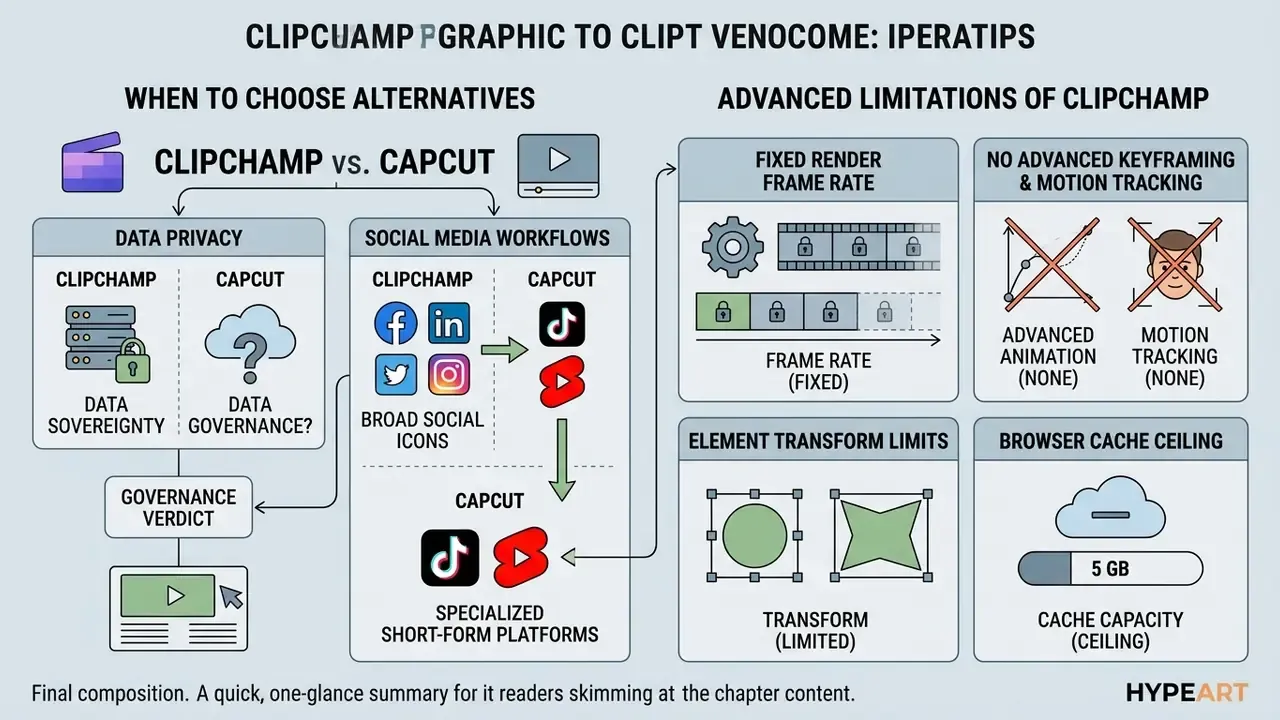 Comparison infographic highlighting data privacy differences and technical limitations of video editors