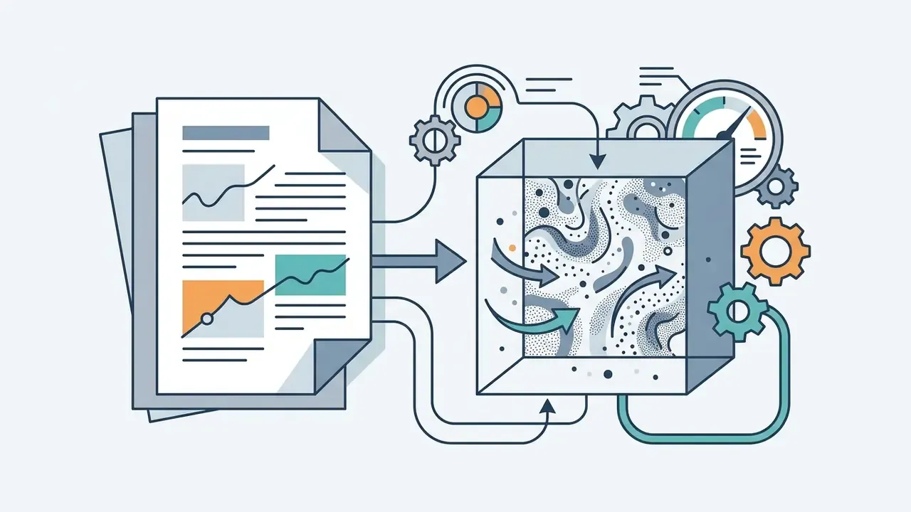 Document with charts feeding into a cube filled with swirling noise and mechanical gears