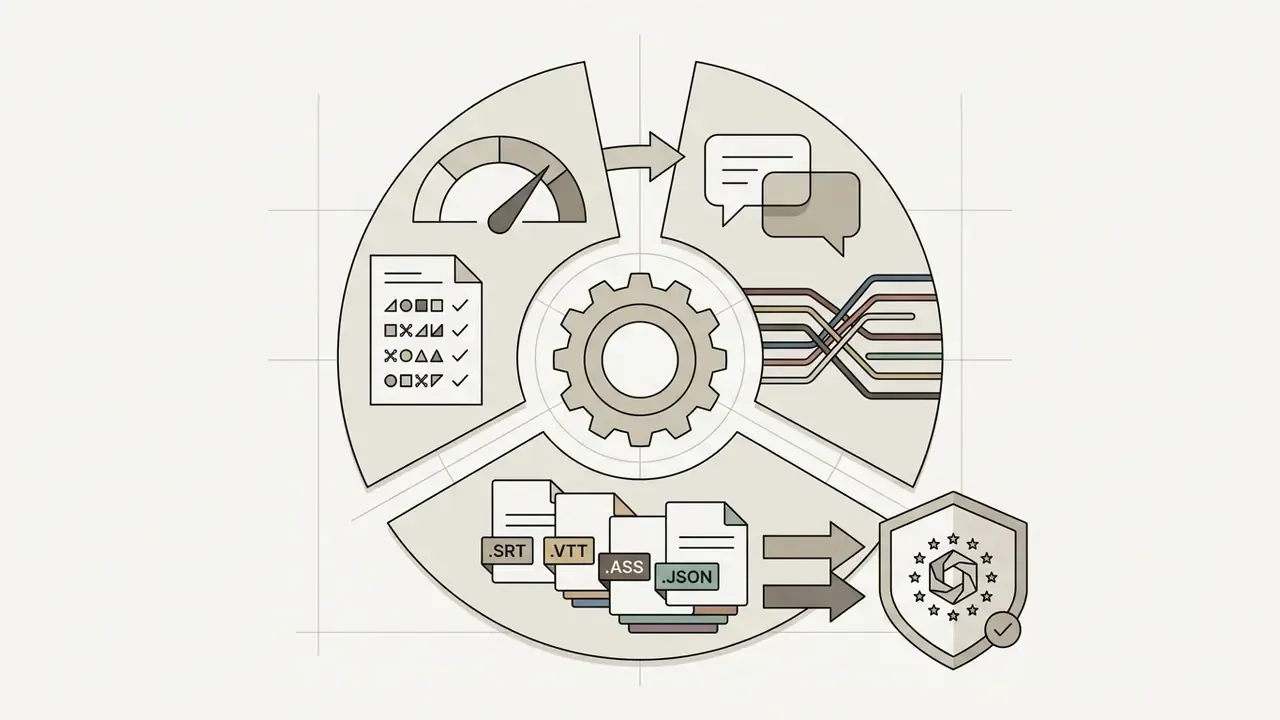 Circular segments with icons for speed, communication, and file formats leading to a compliance shield