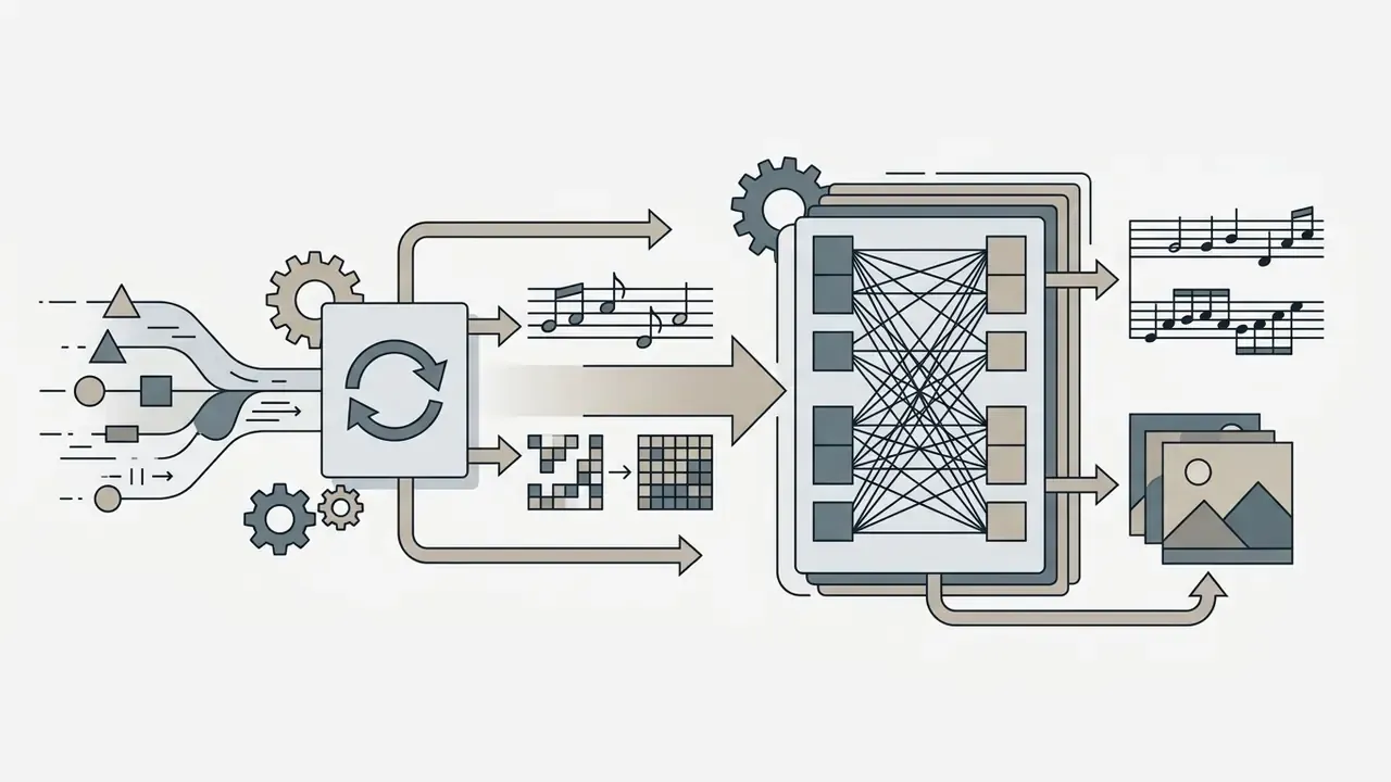 Data processing through a recurrent unit and neural network to generate music and pixelated images