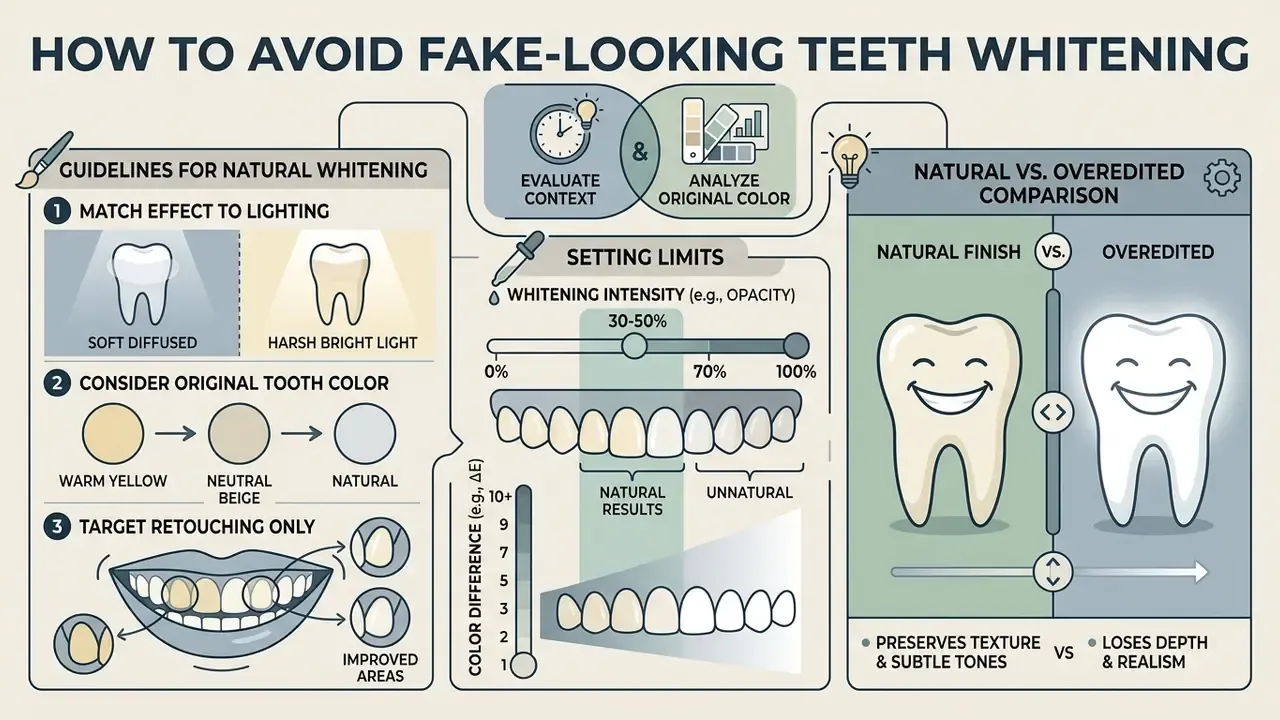 Comparison infographic showing steps to balance smile brightness and distinguish natural from overedited results