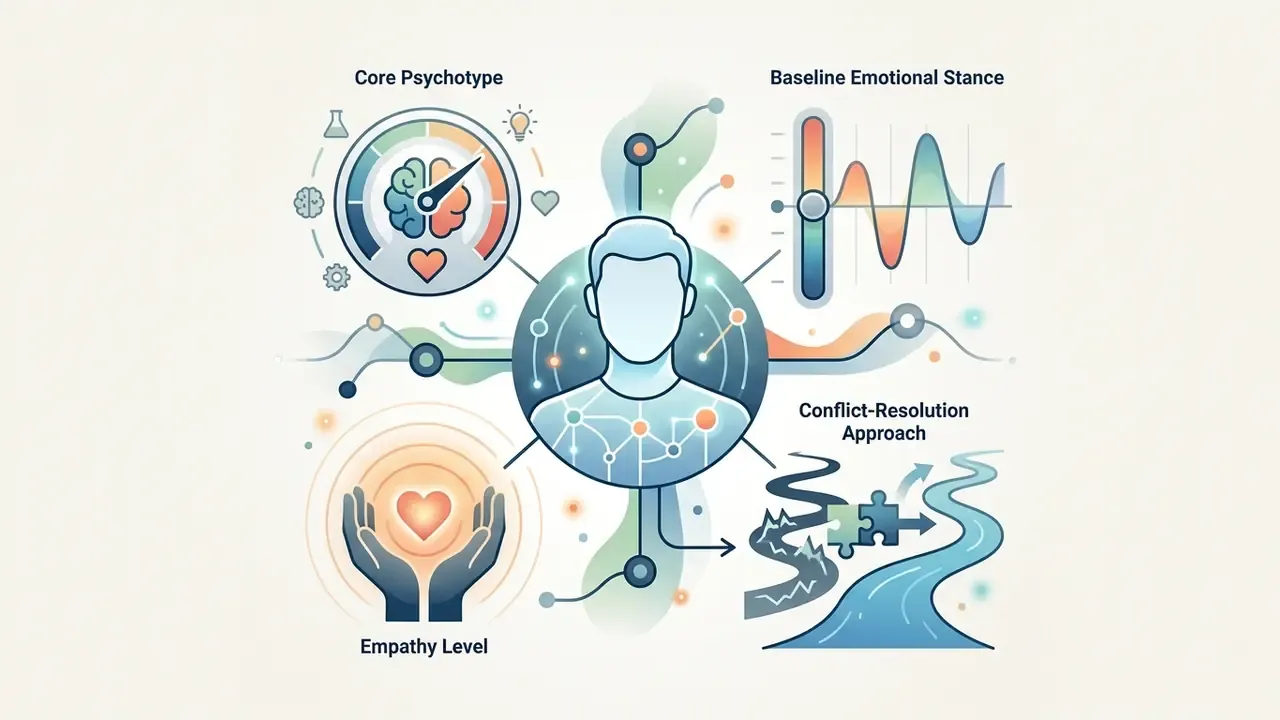 Central avatar surrounded by icons representing psychotype, emotional stance, empathy, and conflict resolution