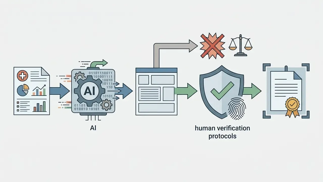 Medical data flowing through an AI processor into human verification protocols and a finalized document