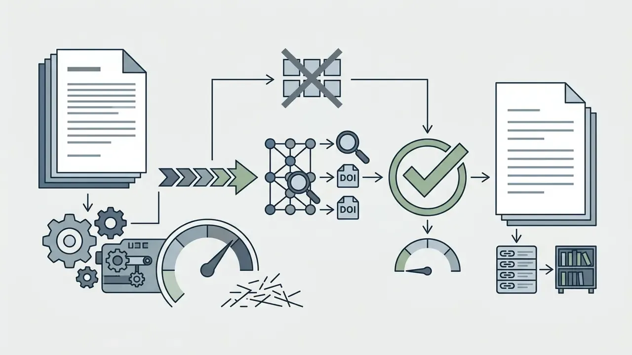 Process showing document analysis with DOI verification leading to a validated file and database storage