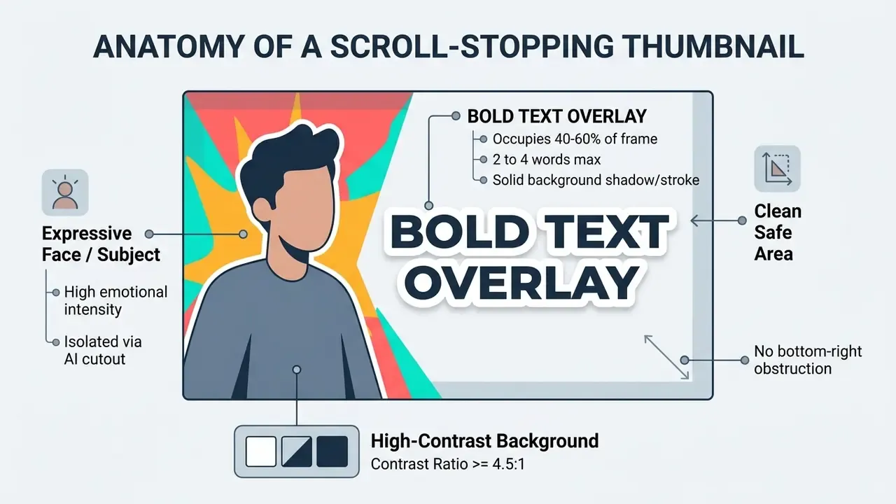 Breakdown of thumbnail design elements including subject placement, text overlays, and background contrast
