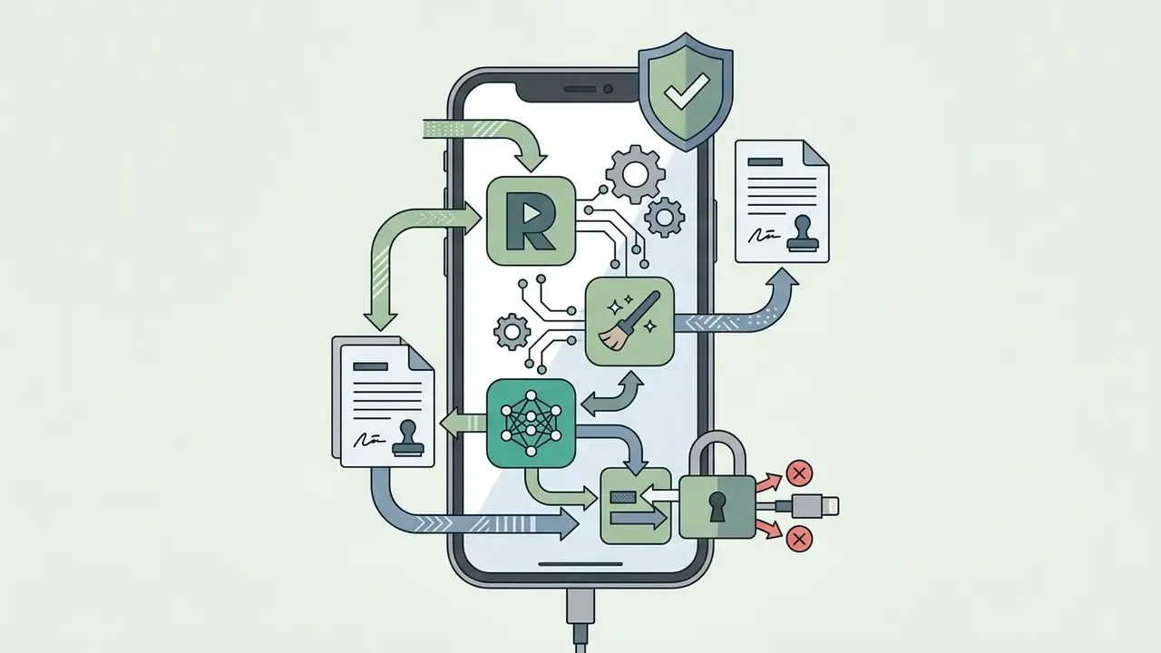 Smartphone screen showing local data processing icons with a shield and lock to represent privacy