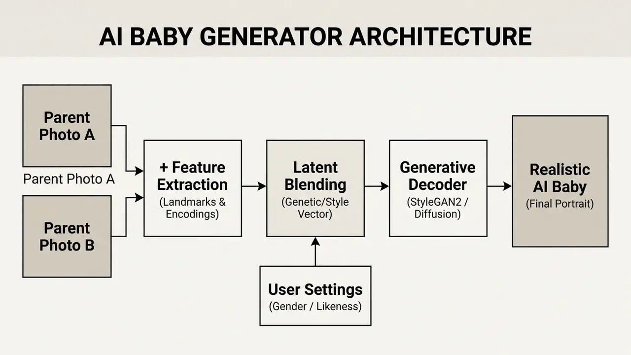 Flowchart showing parent photos processed through feature extraction and latent blending to create a baby