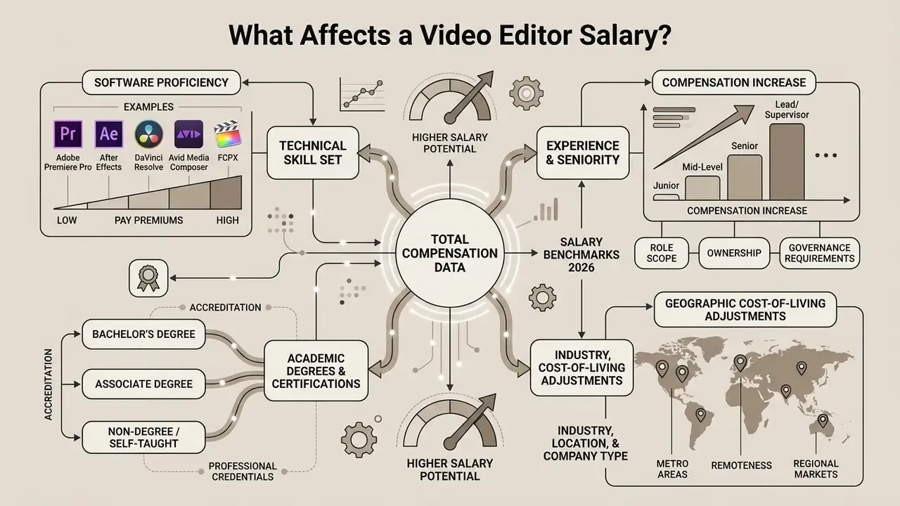 Diagram showing how software skills, experience, education, and location influence video editor salary