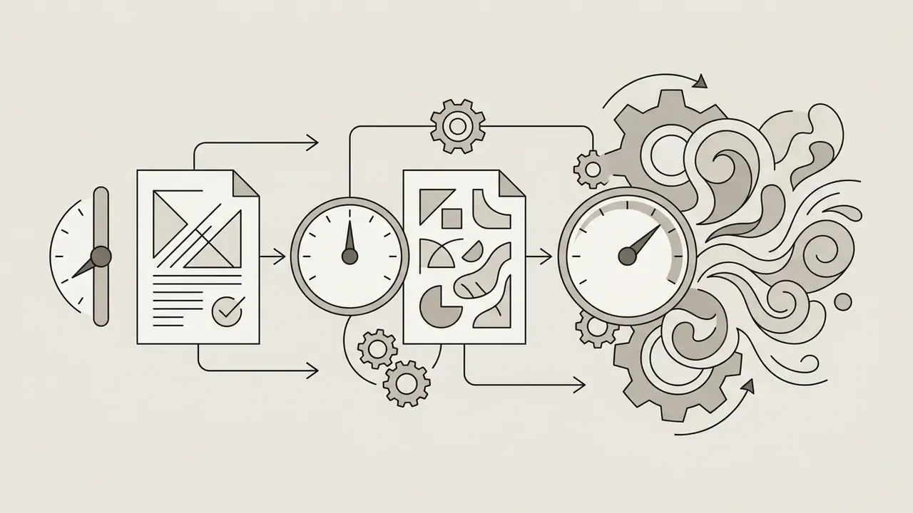 Sequence of clocks, documents, and gears representing the artistic control of a Midjourney AI prompt
