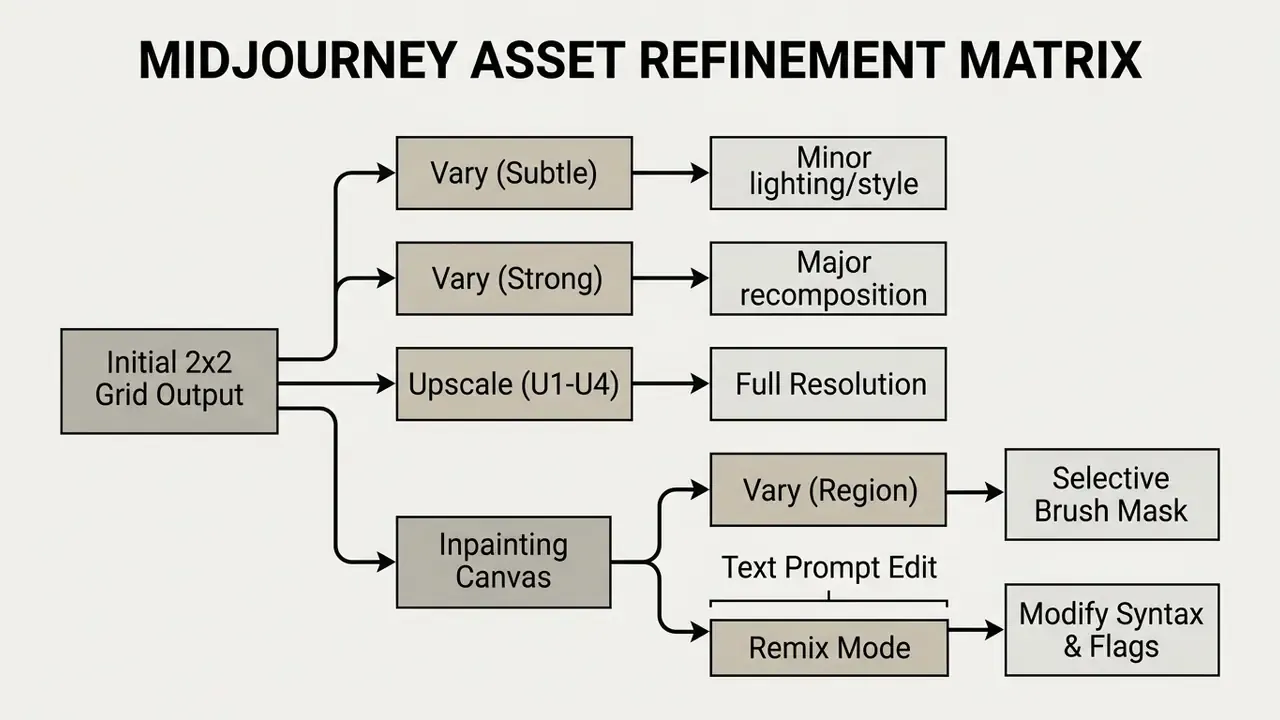 Diagram mapping the Midjourney asset refinement process from initial grid output to editing techniques