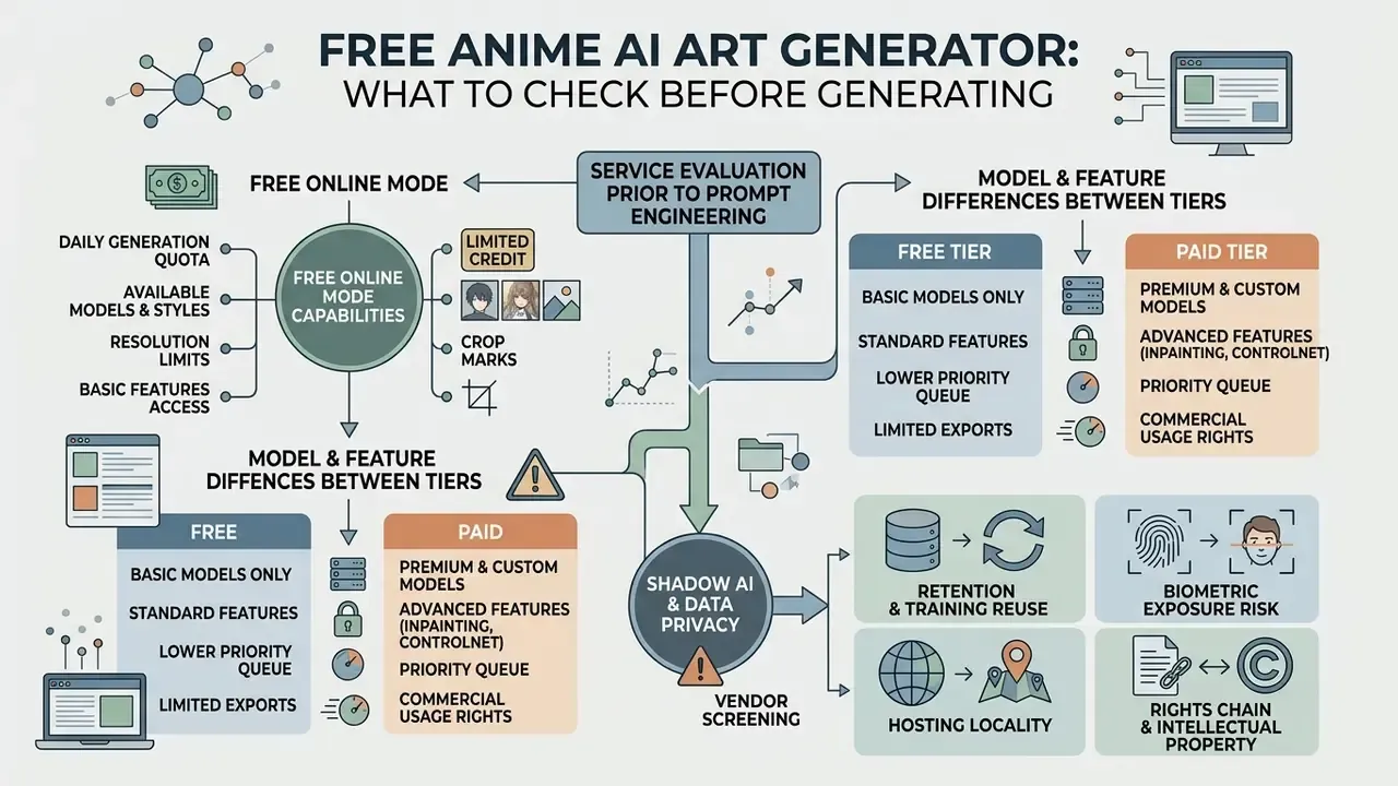Flowchart outlining considerations for evaluating online art services including privacy and tier features