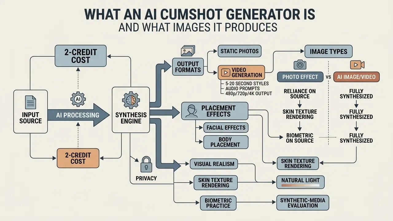 Diagram showing the workflow of an AI cumshot generator from input source to final output synthesis