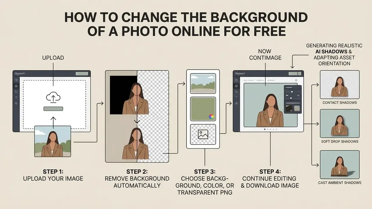 Step-by-step guide for a photo background editor showing image upload, removal, and AI shadow effects