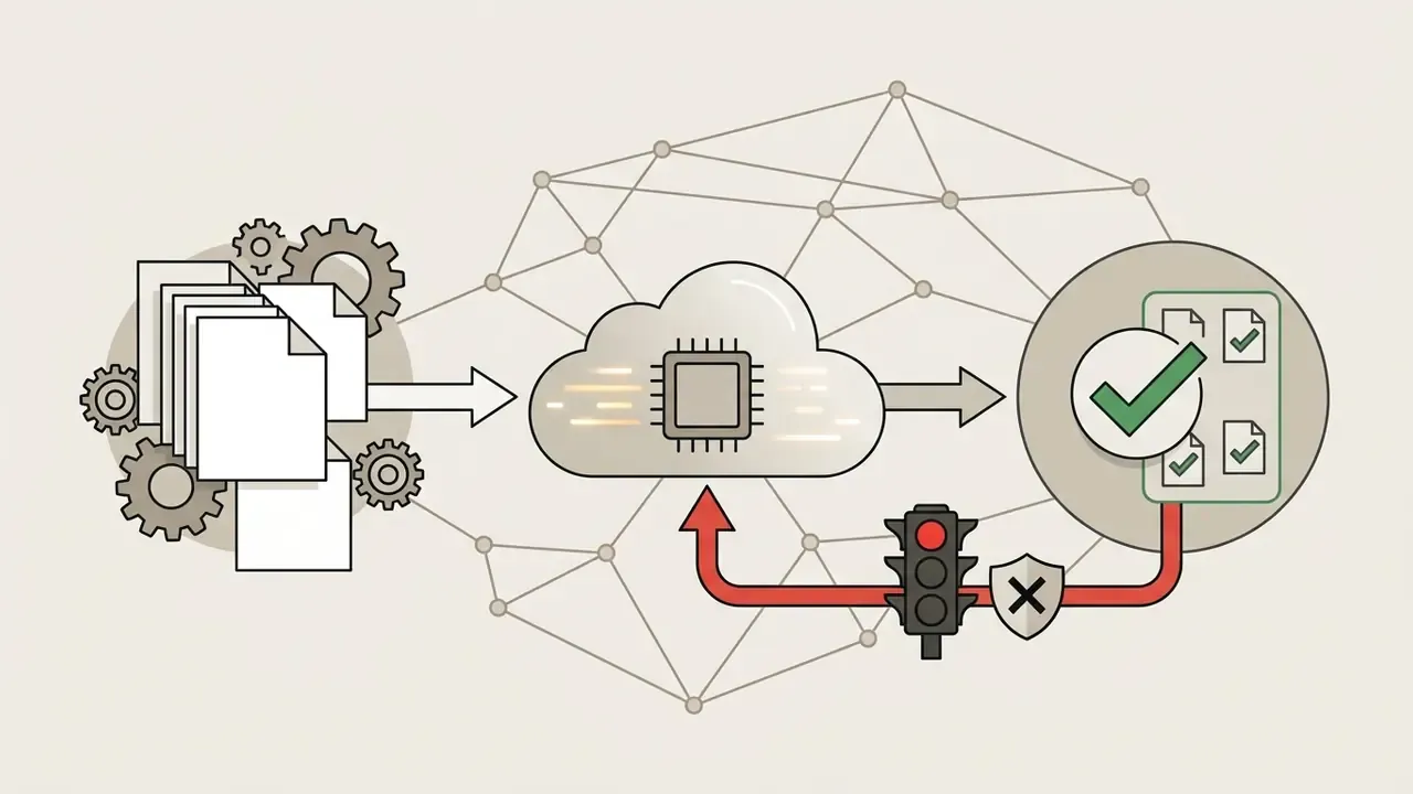 Documents moving through a cloud processor to a compliance check with a traffic light and shield icon