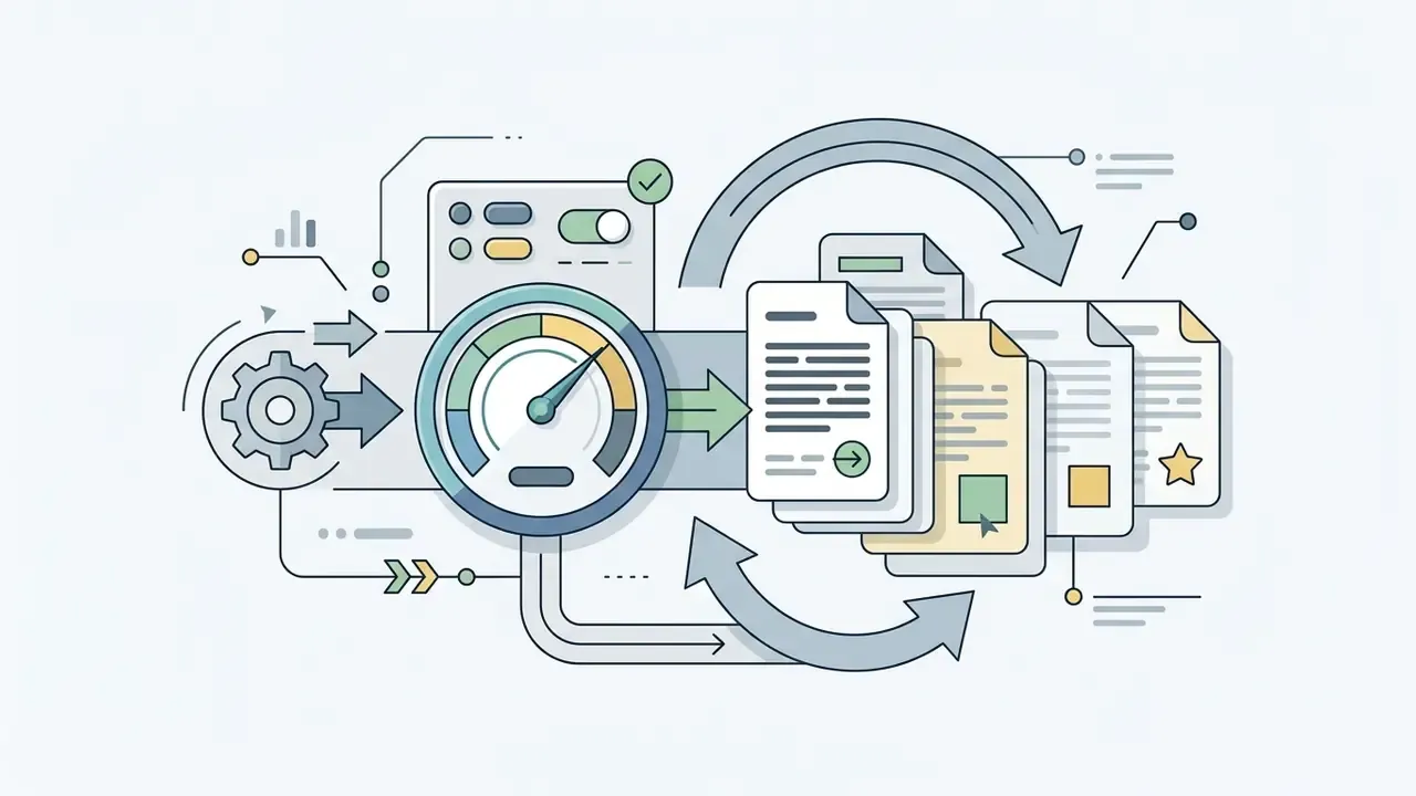 Speedometer icon driving a gear and document processing loop with arrows indicating iterative refinement